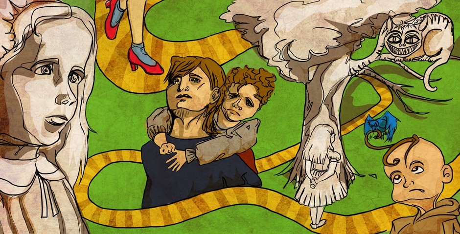 Illustration of children and a mother on a winding yellow road, red heels and blue socks are a nod to Dorothy from the Wizard of Oz