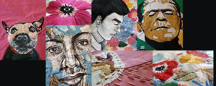 A collage of embroidered images