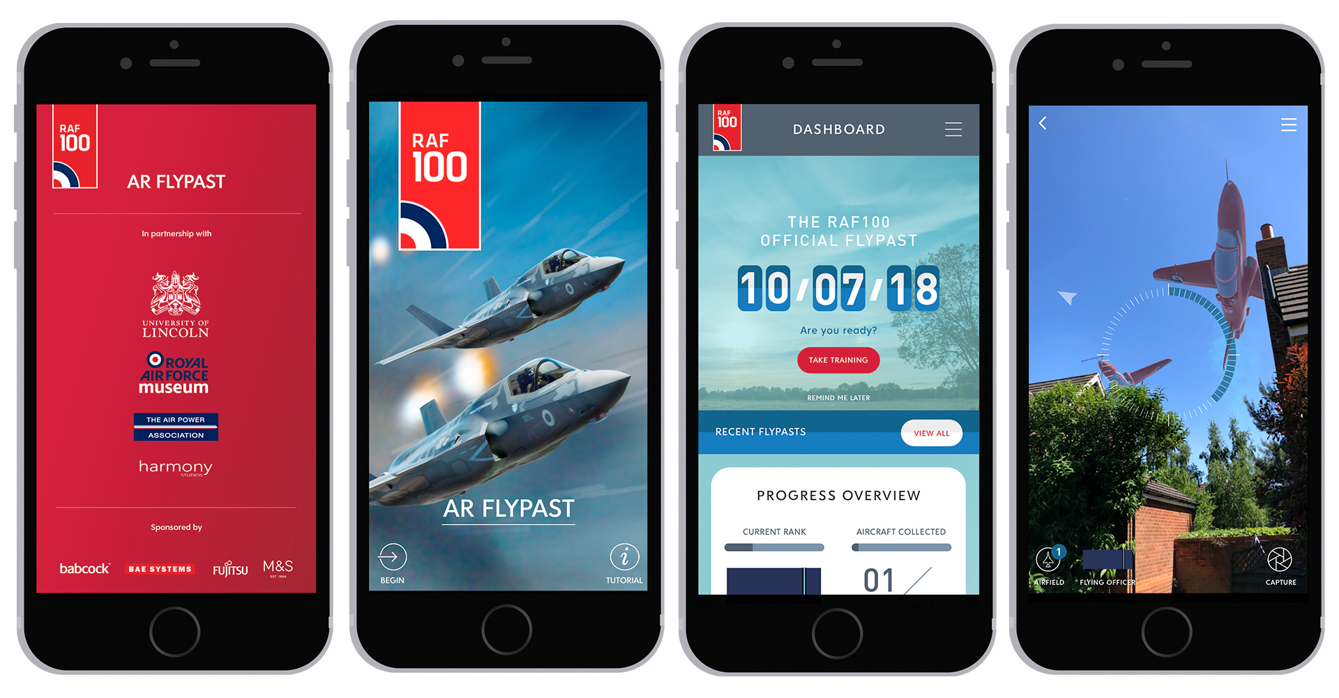 Images of 4 iphone screens showing different parts of the RAF100 flypast app