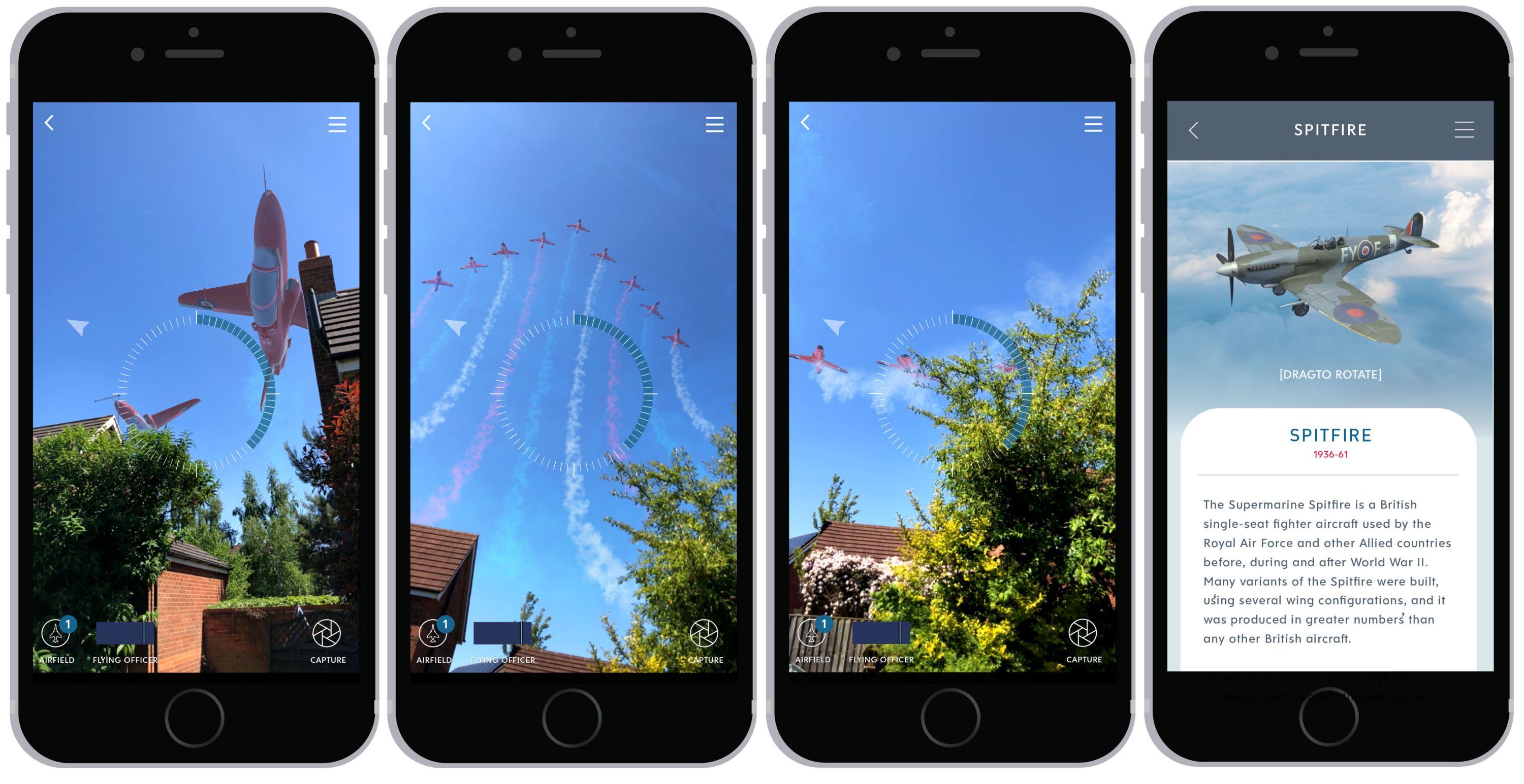Four iphone screens showing the RAF100 flypast app in action, with images of planes overhead against a blue sky