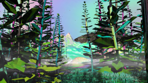 A virtual world of trees and mountains in pretty blues, greens and pinks
