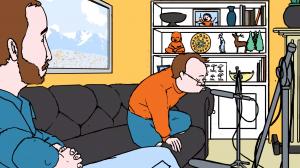 Cartoon of two white men sitting on a sofa, recording something